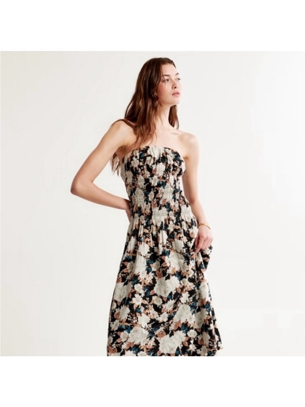Abercrombie & Fitch Strapless Floral Midi Dress in Black, Cream and Tan